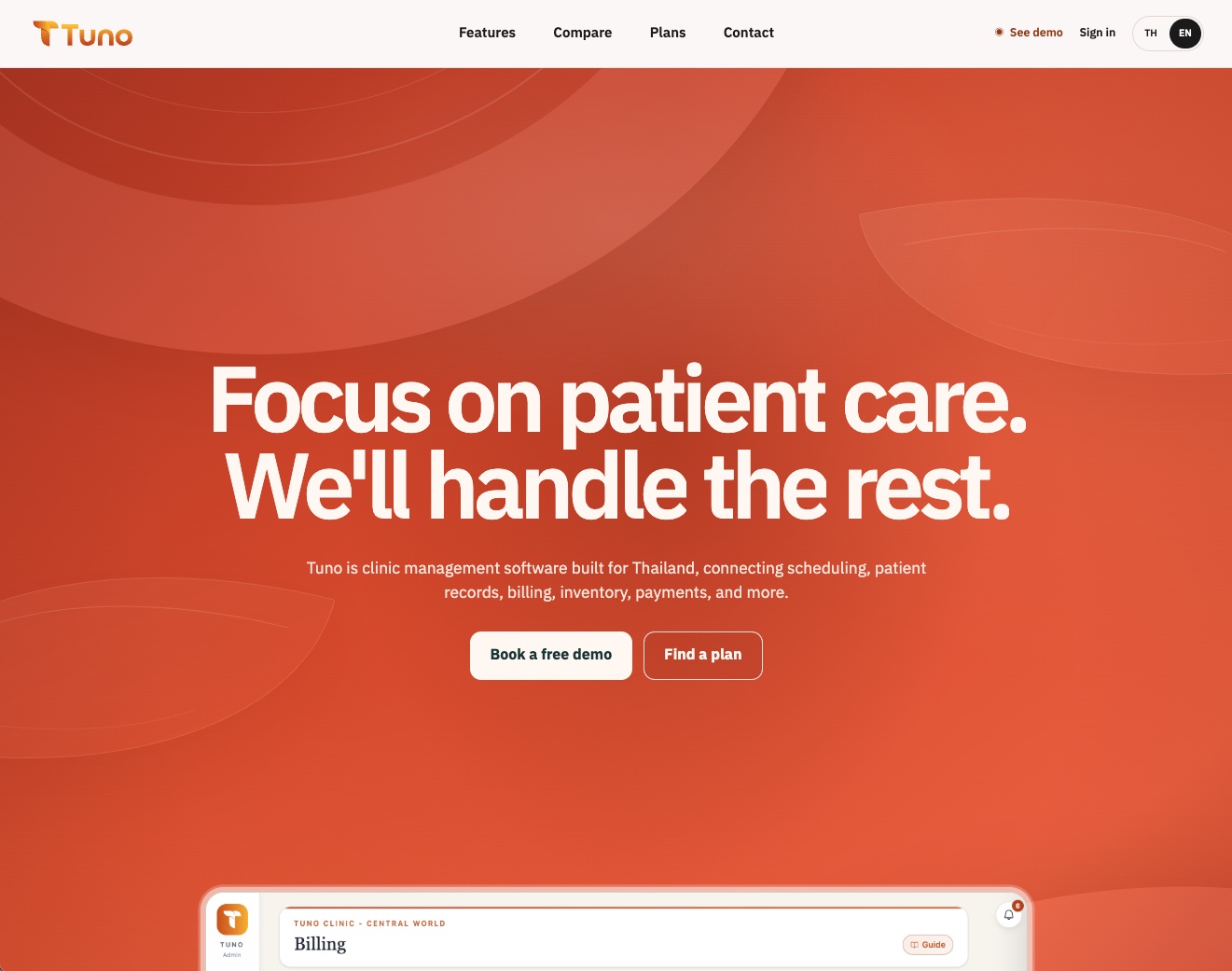 Tuno homepage with an orange hero introducing its clinic management software