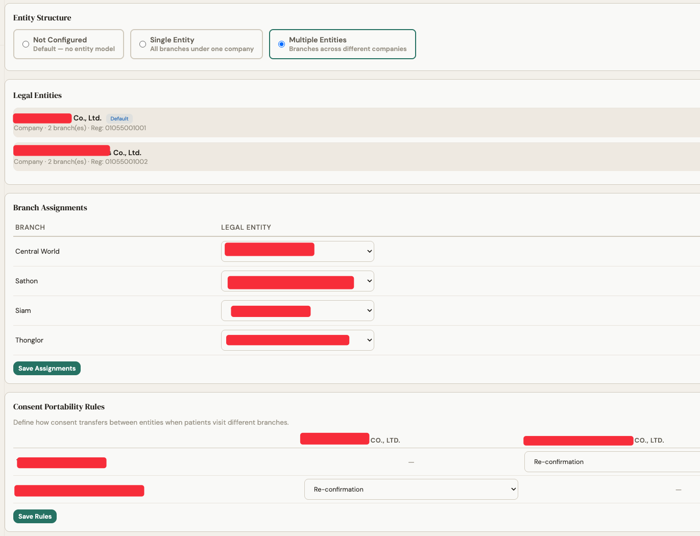 Branch and legal-entity consent portability configuration