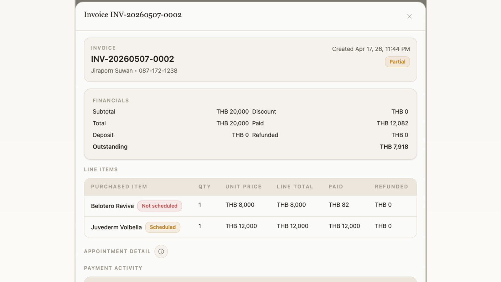 Invoice detail with treatment lines, outstanding balance, and scheduling state on the same record