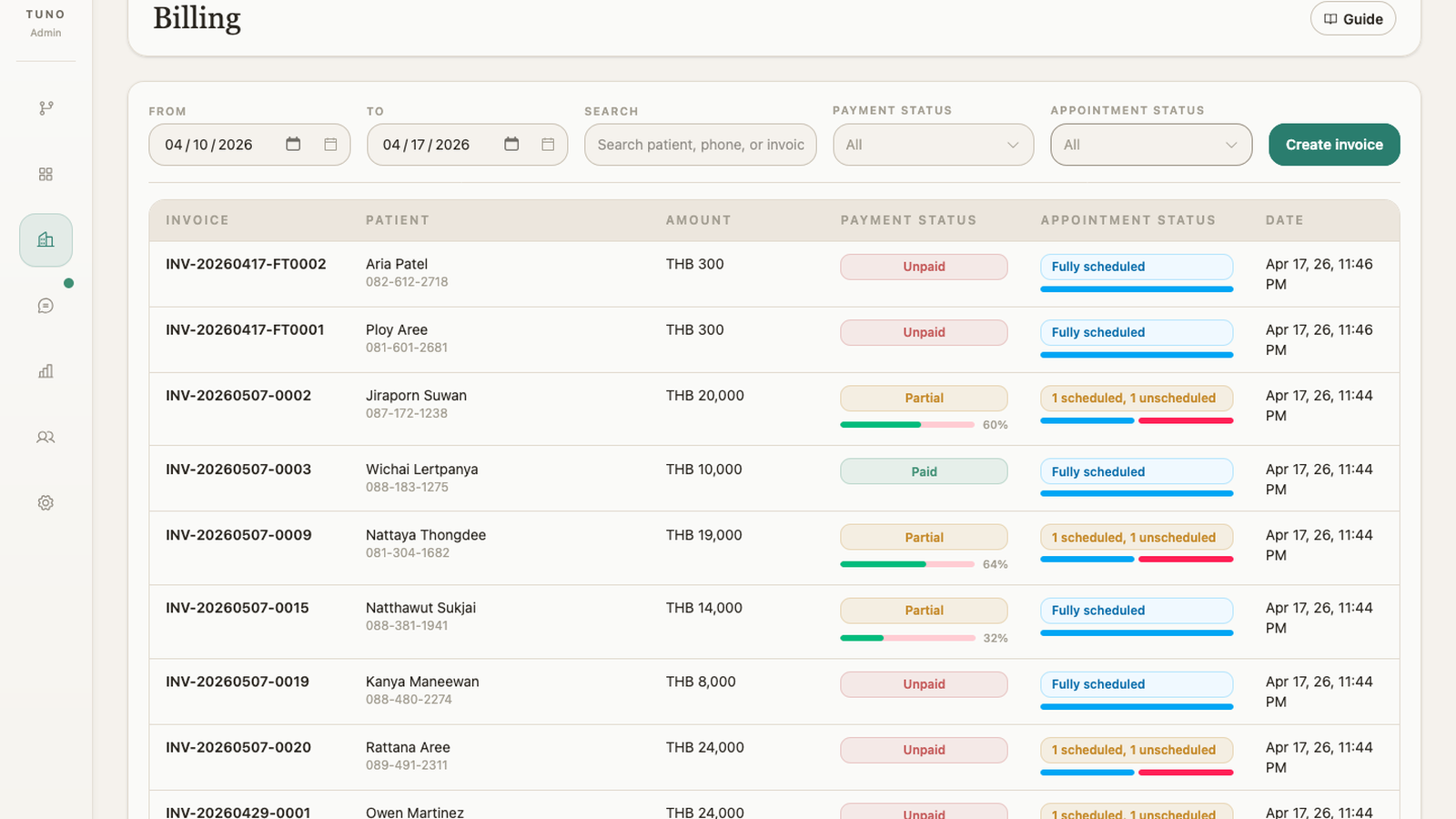 Billing queue showing invoice, payment, and appointment status together