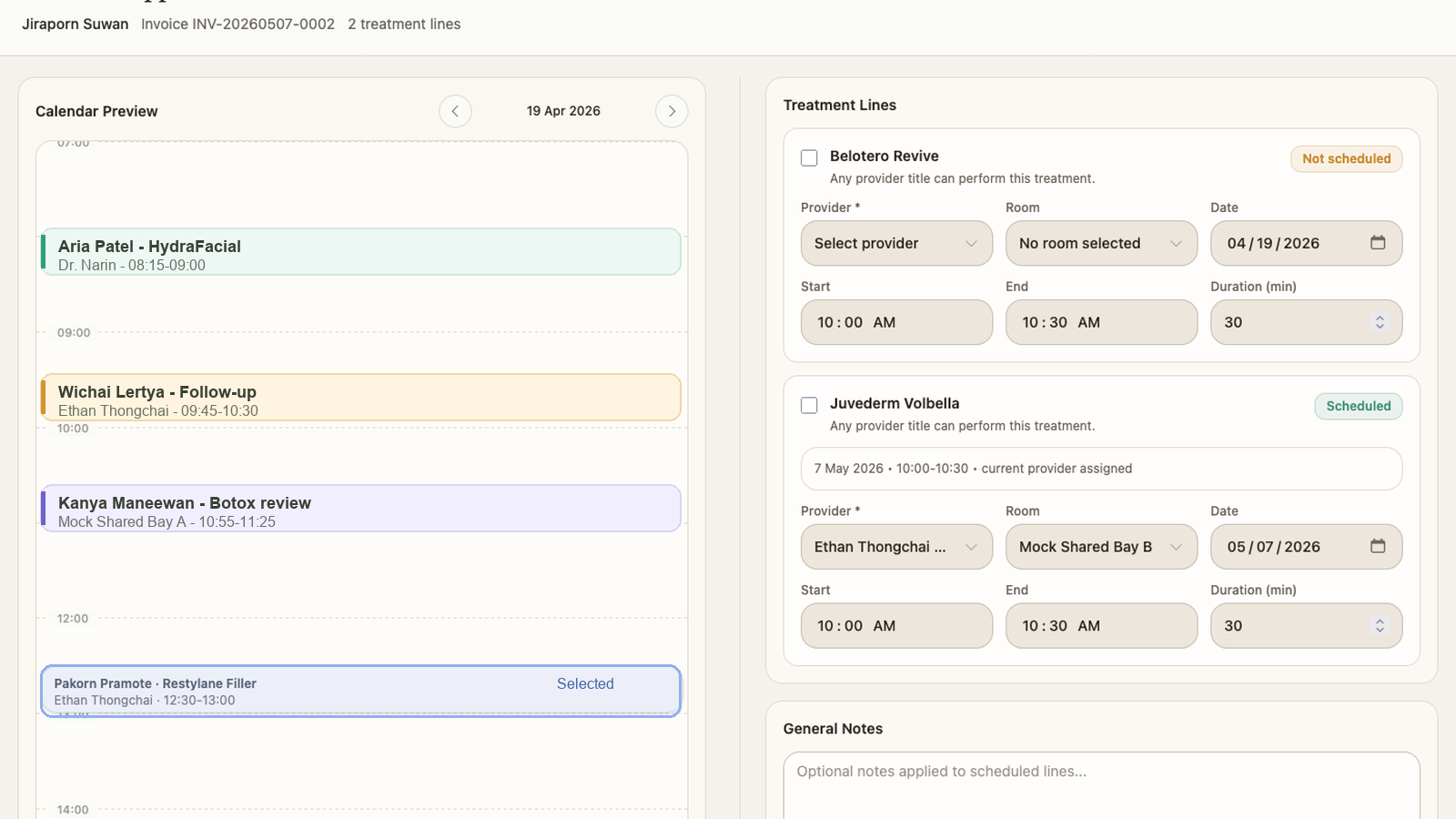 Scheduling editor for remaining treatments with provider, room, date, time controls, and existing calendar appointments