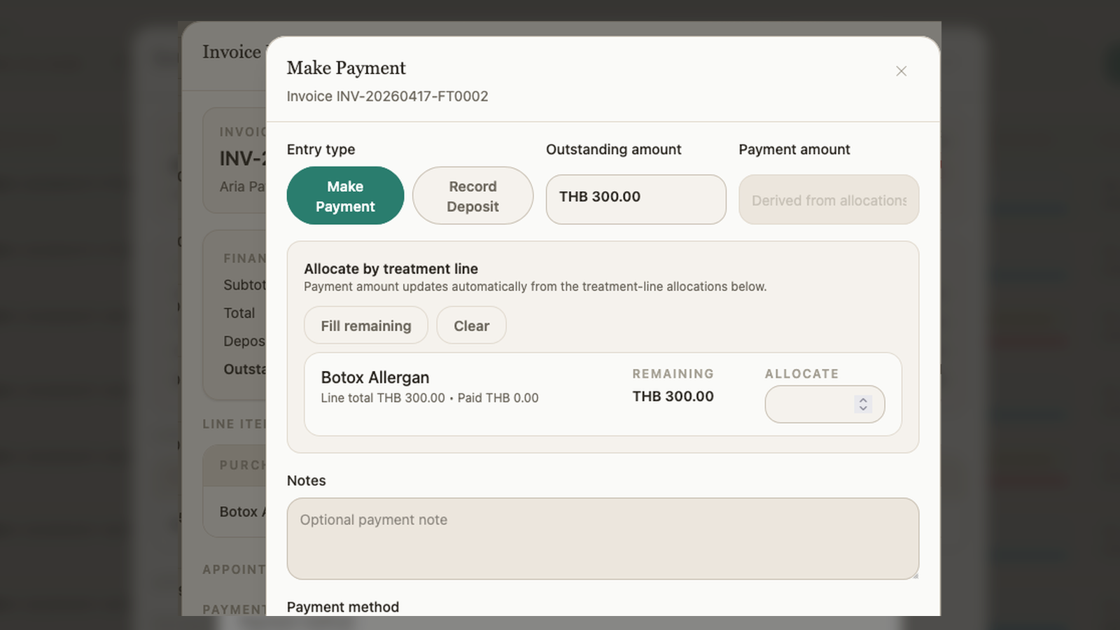Payment collection modal opened from the invoice with treatment-line allocation controls