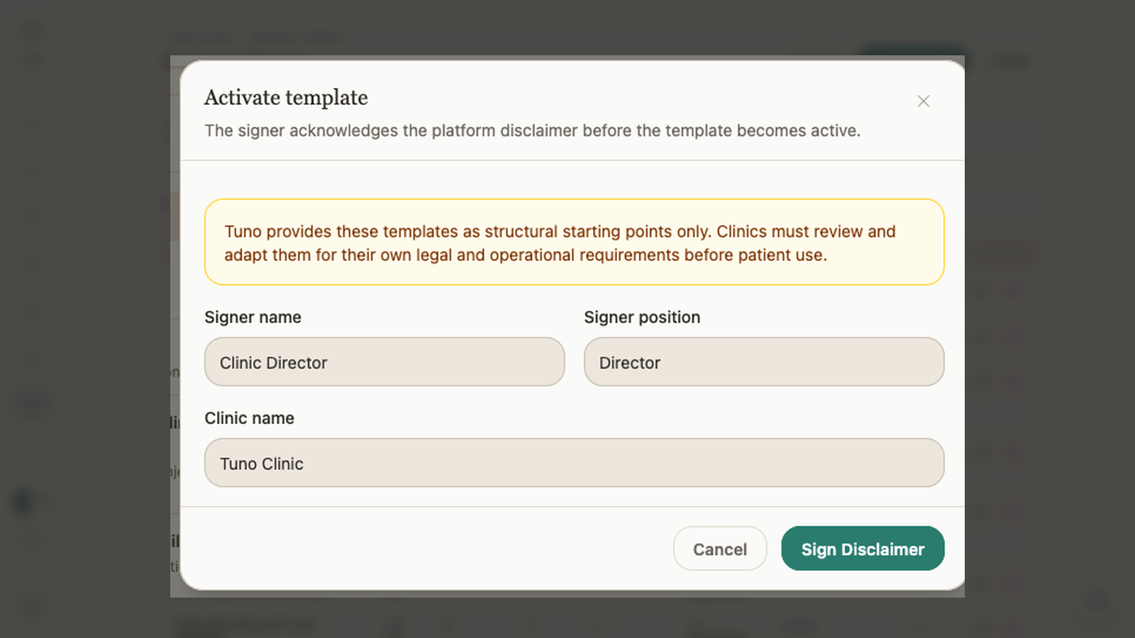 Consent activation disclaimer modal with signer confirmation