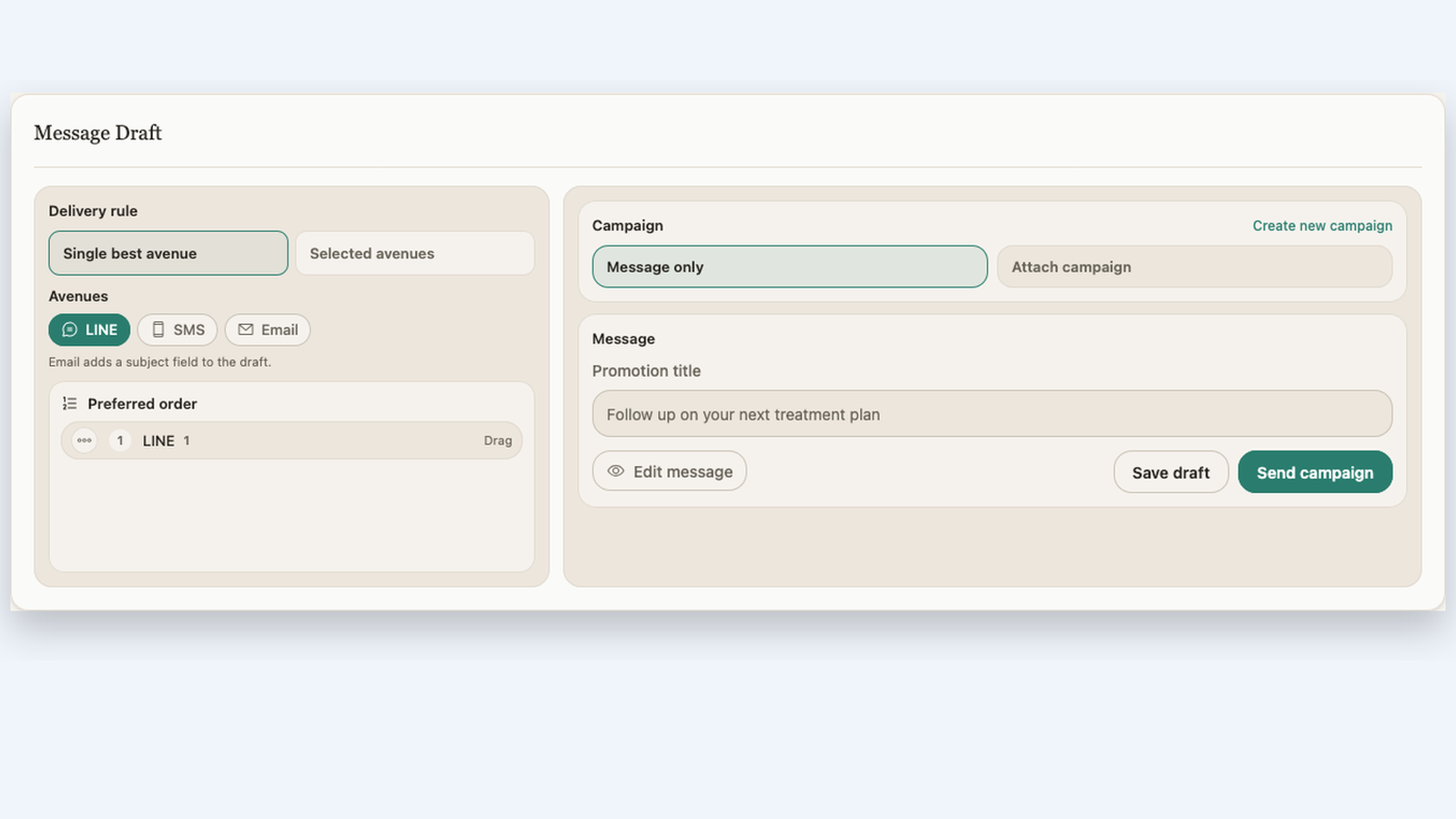 CRM promotions draft workspace with channel selection and promotion title