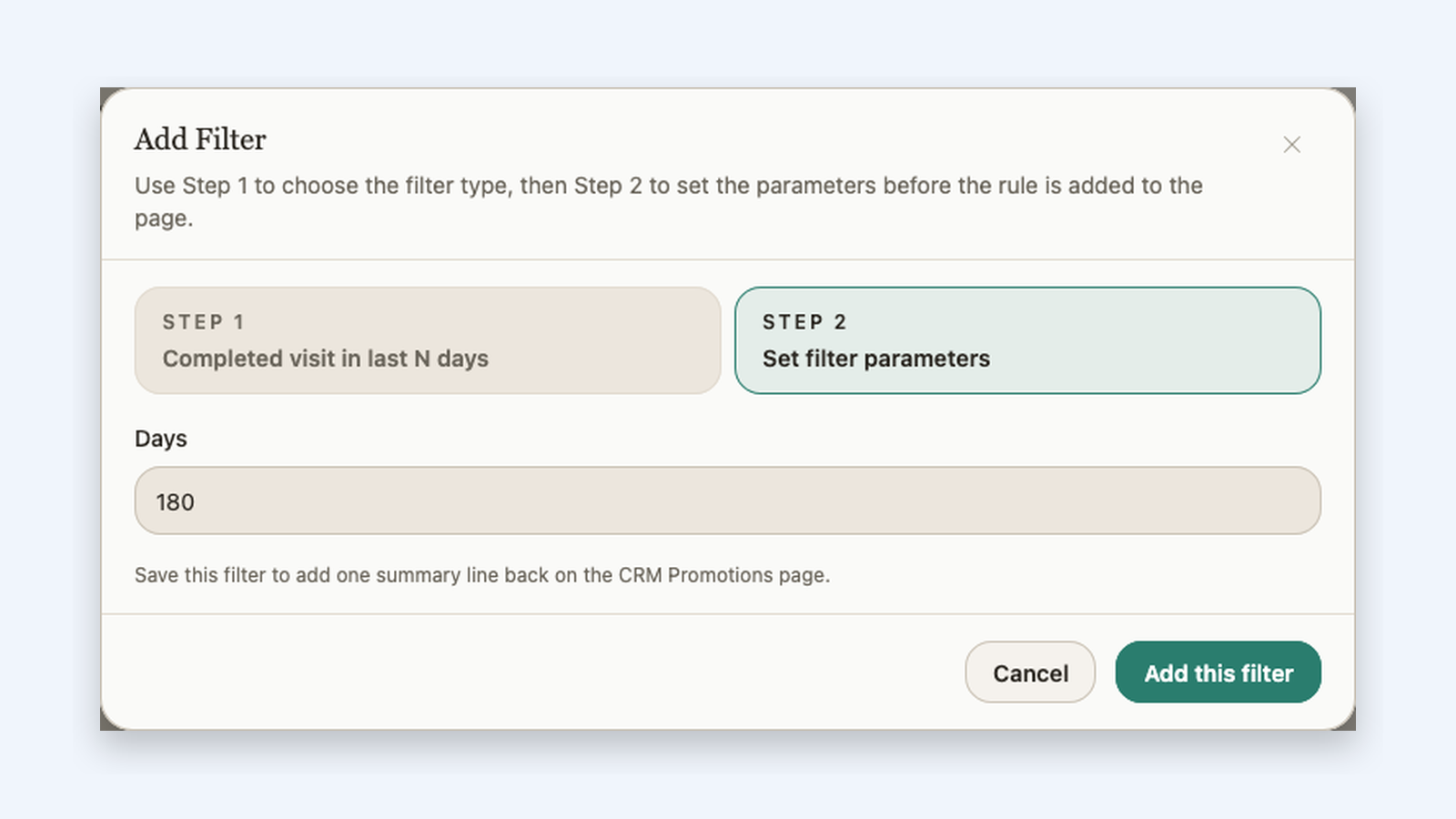CRM promotions add filter dialog with step two filter parameters