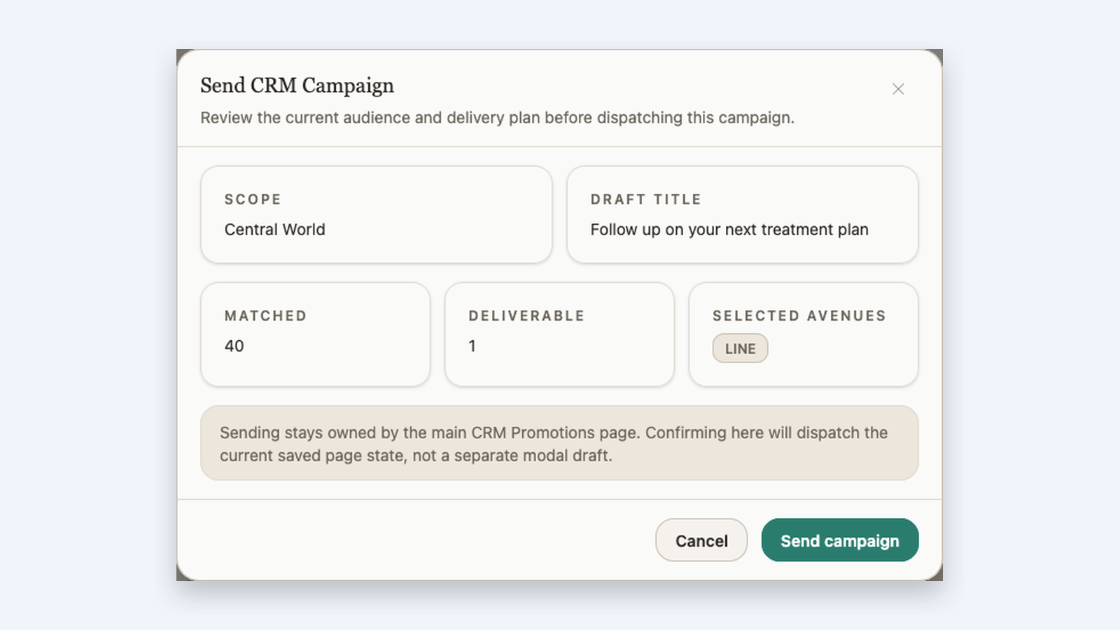 CRM promotions send review dialog with matched and deliverable counts