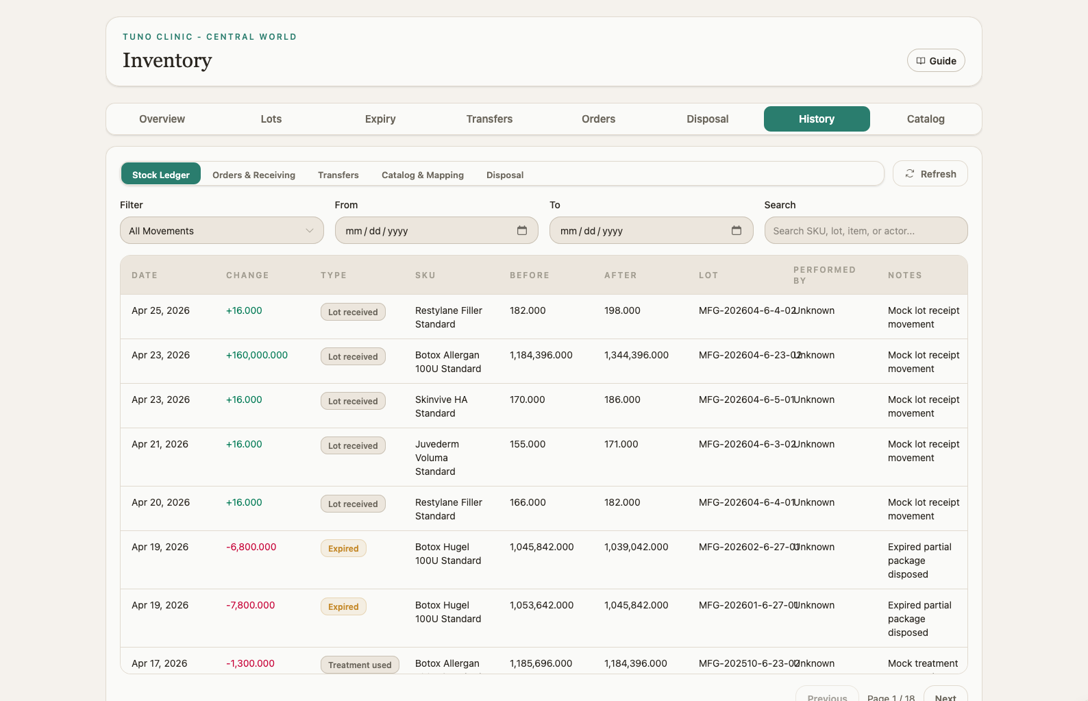 Inventory movement history view