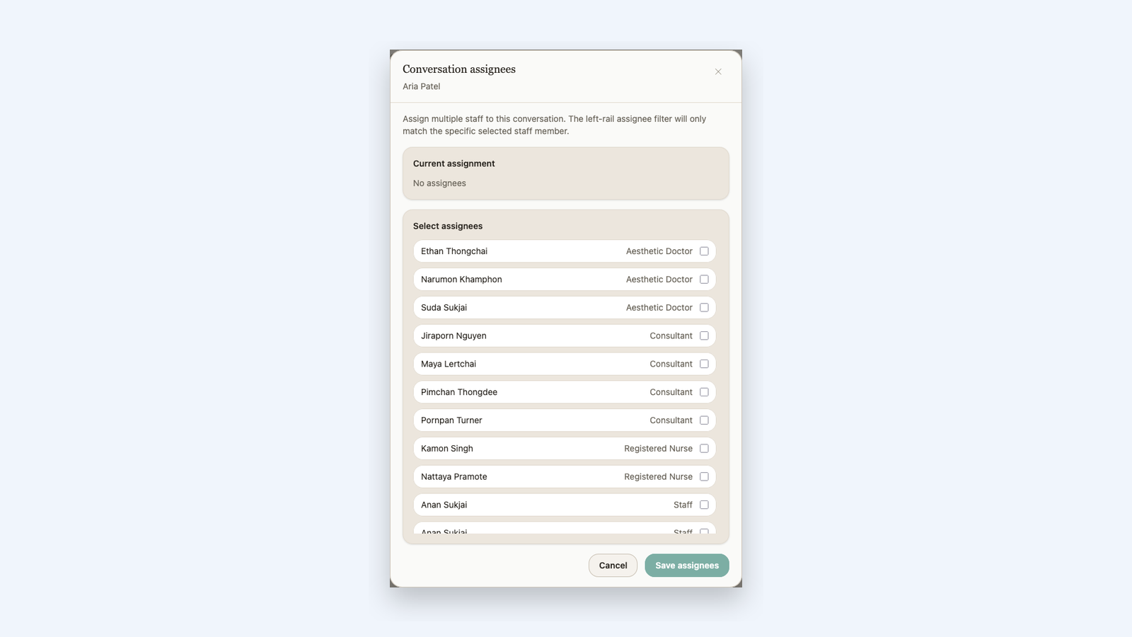 Conversation assignees dialog close-up with clinic staff roles