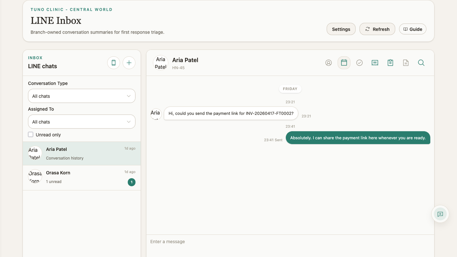 LINE inbox workspace with the conversation list, active patient thread, and toolbar actions in one view