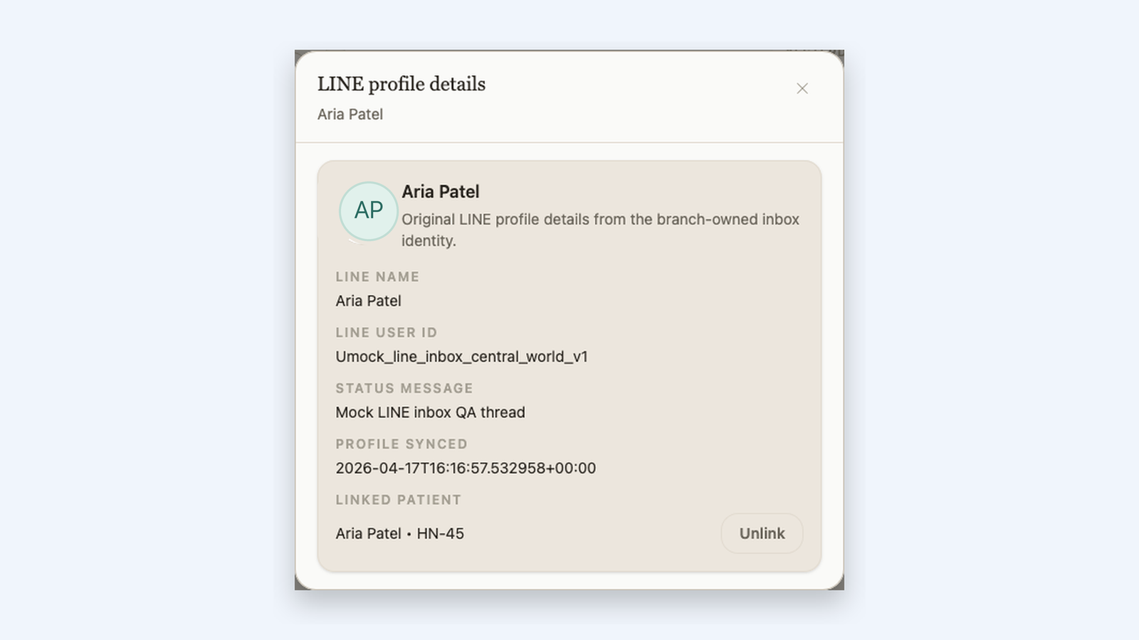 LINE profile details dialog showing linked patient identity
