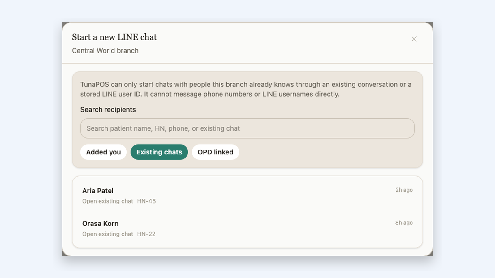 Start a new LINE chat dialog with existing chat and linked patient options