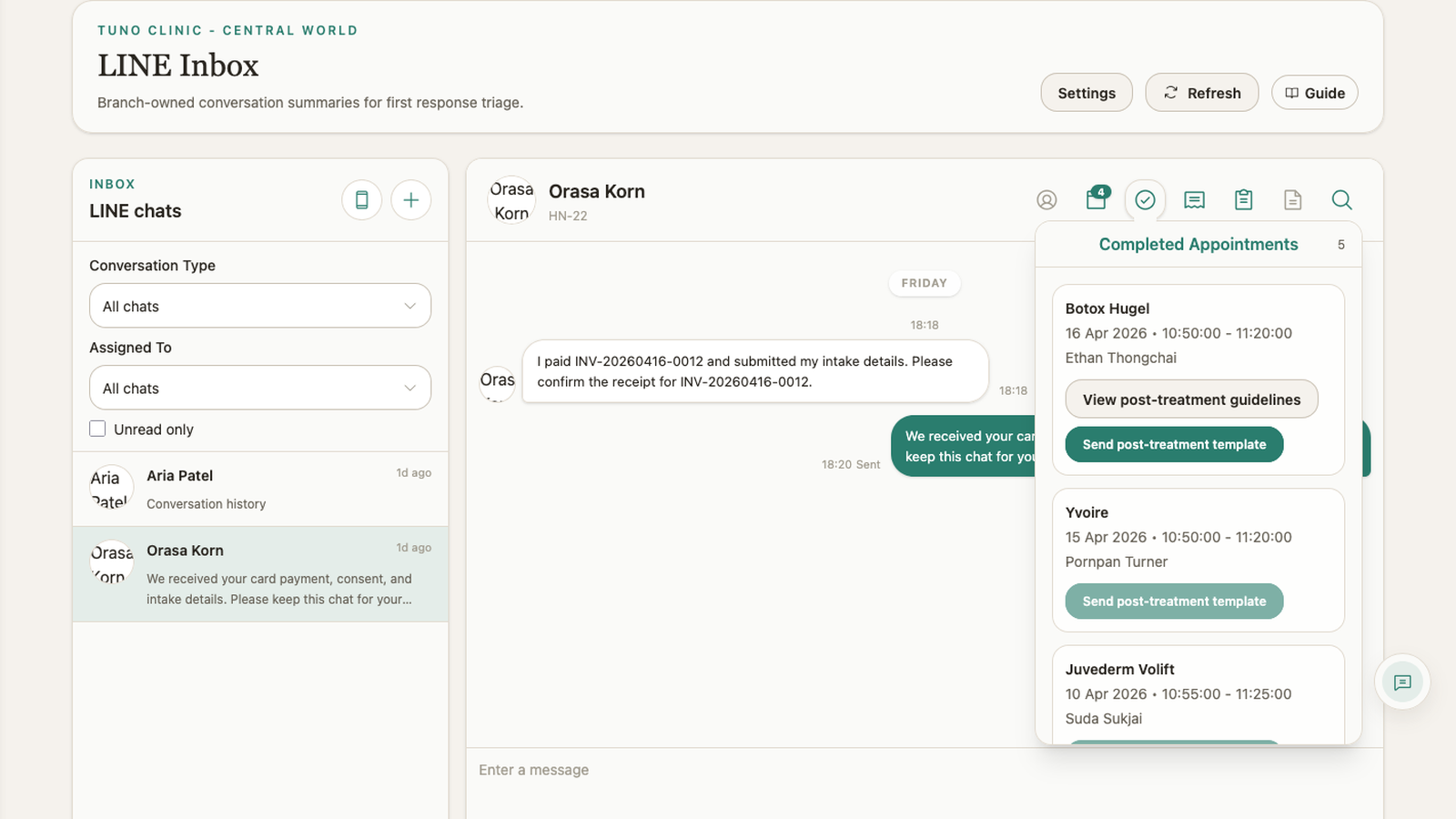 Completed appointments panel opened from the LINE inbox toolbar with post-treatment follow-up actions