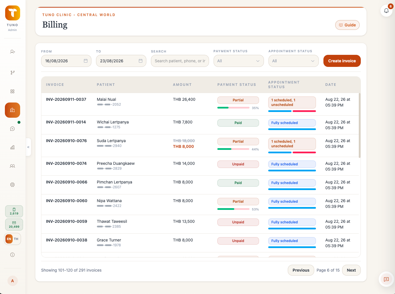 Tuno billing dashboard showing invoices, payment status, and appointment status